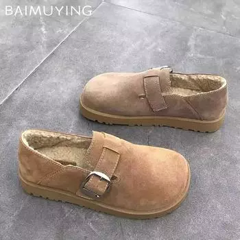 Замшевые балетки женские зимние ботинки короткие плюшевые хлопковые повседневные туфли 2025 года трендовые дизайнерские прогулочные теплые нескользящие зимние ботинки женские 35