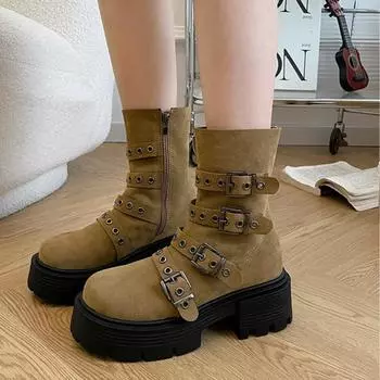 Замшевые ботильоны на платформе и высоком каблуке, женские, новые зимние модные туфли на танкетке с пряжкой на ремне, женские трендовые ботильоны в стиле панк 35