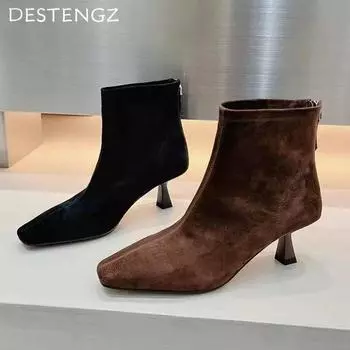 Замшевые ботильоны на среднем каблуке, сексуальные, с острым носком, элегантные туфли для женщин, тренд 2025 года, зимние вечерние ботинки челси, новые модные туфли-лодочки Mujer Botas 35 чёрный