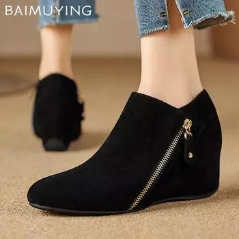 Замшевые ботильоны на танкетке женские с острым носком дизайнерские молнии туфли на среднем каблуке 2025 тренд зимние готические новые челси Botas De Mujer 36 чёрный