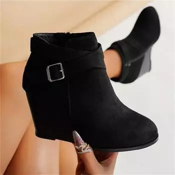 Замшевые ботильоны на танкетке, женские туфли на высоком каблуке, тренд 2025 года, зимние сапоги, брендовые, большие размеры, элегантные, повседневные, модные, платья, Botas Mujer 35 чёрный