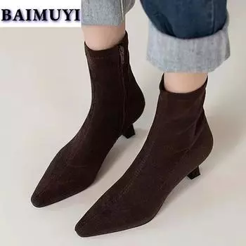 Замшевые ботильоны с острым носком, женские сексуальные туфли на среднем каблуке 2024 года, трендовые осенне-зимние зимние сапоги, женская мода, элегантные Mujer Zapatos 34 чёрный