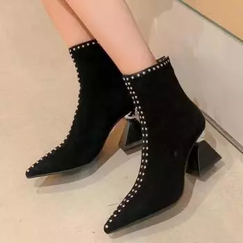Замшевые ботильоны женские массивные модные туфли на высоком каблуке зима 2024 новый тренд элегантные туфли-лодочки с острым носком женские короткие Botas Mujer 34 чёрный