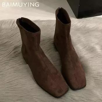 Замшевые ботильоны женские на плоской подошве кожаные туфли женские 2025 тренд элегантные ретро зимние ботинки челси на молнии повседневные зимние ботинки женские 35 бежевый