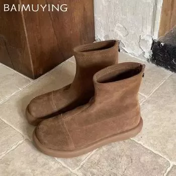 Замшевые ботильоны женские туфли на плоской подошве повседневная обувь женские 2025 трендовые зимние кроссовки для ходьбы дизайнерские готические зимние челси Botas De Mujer 35 бежевый