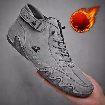 Замшевые ботинки ручной работы с застежкой, высокие плюшевые утолщенные мужские повседневные туфли, хлопковая обувь, кожаные ботинки с носком, мужская зимняя обувь 42 светло-серый