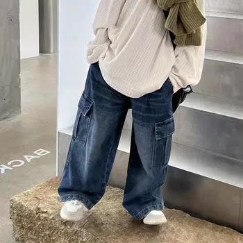 Замшевые детские рабочие джинсы осень-зима 2023, повседневные брюки 90cm