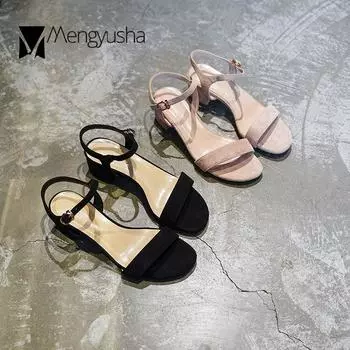 Замшевые короткие босоножки телесного цвета с пряжкой на ремешке, на толстом среднем каблуке, офисные женские туфли, однотонные, с квадратным носком, женские босоножки, размер 43 4.5 чёрный