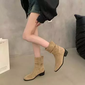 Замшевые короткие сапоги цвета хаки с зауженными каблуками и квадратной головкой, женские туфли, весна-осень 2024 г., новые сапоги-комбинации, одинарные сапоги 35 чёрный