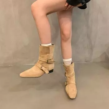 Замшевые ковбойские сапоги в стиле ретро на низком каблуке, женские ботинки Martin, новые весенние и осенние одинарные ботинки 2024 года, корейские короткие сапоги 35 хаки