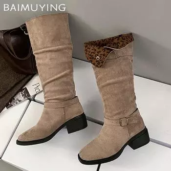 Замшевые массивные женские высокие сапоги, дизайнерские туфли на среднем каблуке, тренд 2025 года, новые брендовые модные туфли-лодочки в готическом стиле, зимние туфли-гладиаторы Botas De Mujer 36 чёрный