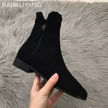 Замшевые меховые женские туфли на плоской подошве с квадратным носком, короткие плюшевые зимние хлопковые туфли 2025 года, трендовые теплые и удобные женские ботинки 35 чёрный