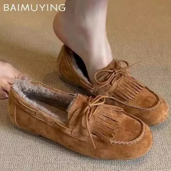 Замшевые мокасины, туфли, меховые туфли на плоской подошве, женские, тренд 2025 года, зимняя мода, дизайнер, новый бренд, удобные повседневные теплые кроссовки, Mujer 35 чёрный