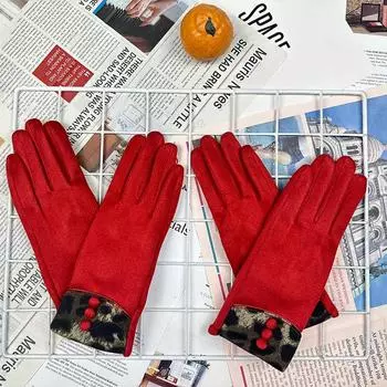 Замшевые перчатки с леопардовым принтом для сенсорных экранов, термоперчатки для женщин, для езды на велосипеде, для вождения, на открытом воздухе, утолщенные перчатки красный