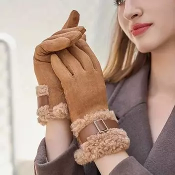 Замшевые перчатки с плюшевой манжетой и металлической пряжкой, однотонные утолщенные теплые перчатки, женские стильные универсальные морозостойкие перчатки One size серый