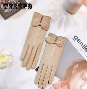 Замшевые перчатки, женские зимние ветрозащитные перчатки с сенсорным экраном, холодные, теплые, бархатные, корейская версия, милые перчатки с бантом бежевый