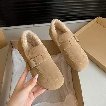 Замшевые пушистые туфли женские зимние бархатные 2024 одинарные туфли хлопковые туфли Doudou Boken туфли уродливые милые большие головки хлебные туфли 35 имбирный