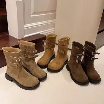 Замшевые ретро-сапоги Martin женские зимние 2024 года с пряжкой на ремне популярные тонкие сапоги в иностранном стиле теплые хлопковые сапоги прилив 35 хаки