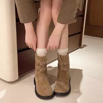 Замшевые ретро-сапоги Martin женские зимние 2024 года с пряжкой на ремне популярные тонкие сапоги в иностранном стиле теплые хлопковые сапоги прилив 35 хаки