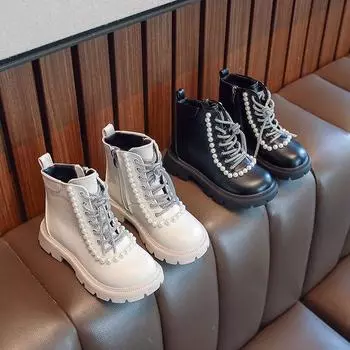 Замшевые сапоги для девочек, осень-зима 2023, детские ботильоны принцессы, модные хлопковые сапоги с милым жемчугом 26