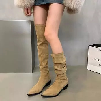 Замшевые сапоги выше колена женские туфли на среднем каблуке новые остроносые челси ботинки осень-зима ретро ворс длинные женские туфли 35 хаки