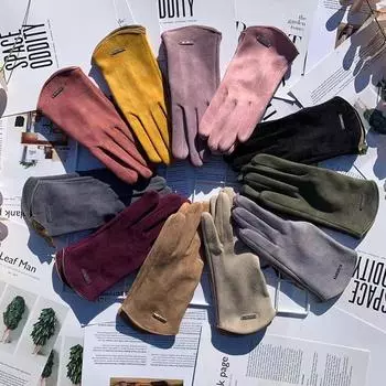 Замшевые термоперчатки, флисовые утолщенные перчатки для вождения, спортивные перчатки для сенсорных экранов, женские перчатки с раздельными пальцами One Size хаки