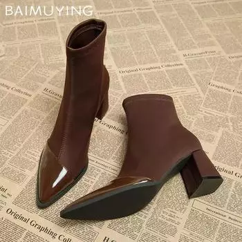 Замшевые толстые женские ботильоны с острым носком, сексуальные туфли на высоком каблуке, новые брендовые трендовые модные туфли-лодочки в готическом стиле, зимние ботинки для женщин 35