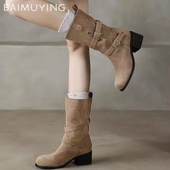 Замшевые толстые женские сапоги до середины голени, дизайнерские туфли на среднем каблуке, зимние классические мотоциклетные сапоги 2024 года, новый тренд бренда Goth Botas Mujer 35 чёрный