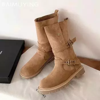 Замшевые толстые женские высокие сапоги дизайнерские туфли на среднем каблуке с пряжкой 2025 года, зимние туфли-лодочки в готическом стиле средней длины для мотоциклистов Botas De Mujer 35 коричневый