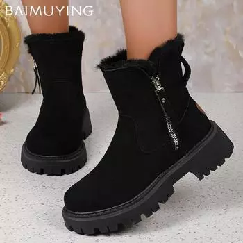 Замшевые толстые женские зимние ботильоны короткие плюшевые туфли на среднем каблуке из хлопка 2025 года тренд зимние теплые повседневные удобные дизайнерские ботинки Mujer 36 чёрный