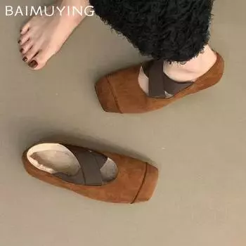 Замшевые туфли для танцев с квадратным носком, короткие плюшевые туфли на плоской подошве, повседневные хлопковые туфли 2025 года, трендовые мягкие зимние туфли для женщин Zapatillas 35 чёрный