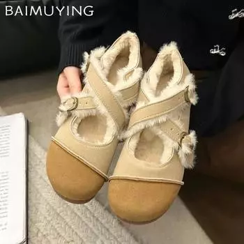 Замшевые туфли на плоской подошве для женщин Mary Janes, короткие плюшевые дизайнерские зимние хлопковые туфли с пряжкой, тренд 2025 года, новые теплые женские туфли 35 абрикосовый