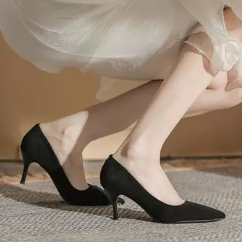 Замшевые туфли на высоком каблуке 2024 года, новая мода, черный, рабочий этикет, госслужащие, собеседование, одинарные туфли 33