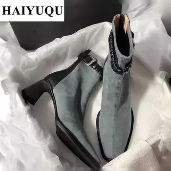 Замшевые туфли на высоком каблуке женские ботильоны модная обувь тренд зимние новые брендовые ботинки челси элегантные туфли-лодочки зимние ботинки женские 35