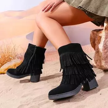 Замшевые туфли с бахромой, женские ботинки на высоком каблуке, модные зимние ботинки на меху, теплые ковбойские туфли-лодочки 35