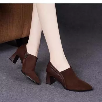 Замшевые туфли с острым носком на высоком каблуке в стиле ретро для женщин, модные лоферы, зима 2025, новые элегантные туфли-лодочки Zapatos De Mujer 35 чёрный