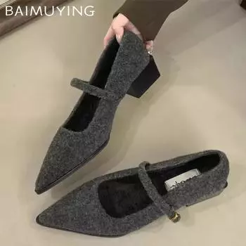 Замшевые туфли с острым носком женские туфли на толстом среднем каблуке туфли на низком каблуке женские 2025 тренд зимняя мода бренд повседневные прогулки Zapatos Femme 35 коричневый