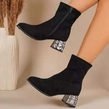 Замшевые женские ботильоны для снега, элегантные туфли на высоком каблуке с кристаллами, женские весенние туфли-лодочки 2025 года, готические мотоциклетные ботинки Botas 36 чёрный