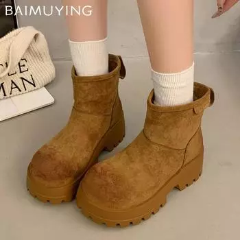 Замшевые женские ботильоны на платформе, дизайнерские короткие плюшевые туфли на толстом среднем каблуке, тренд 2025 года, новые теплые туфли-лодочки Botas De Mujer 35 коричневый