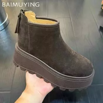 Замшевые женские ботильоны на платформе, модная повседневная обувь на плоской подошве, женская модная зимняя брендовая обувь для ходьбы 2025 года, удобные теплые женские зимние ботинки 35