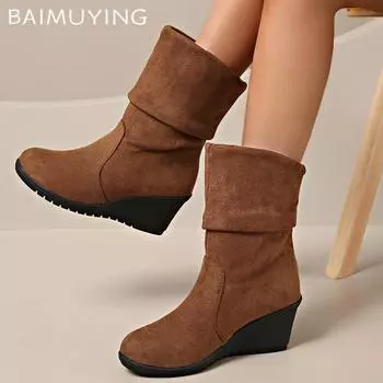 Замшевые женские ботильоны на танкетке на среднем каблуке Дизайнерская обувь в стиле ретро Новый бренд Тренд Зимние классические туфли-лодочки Гладиаторские туфли Botas De Mujer 35