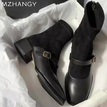 Замшевые женские ботильоны на толстом каблуке, модная кожаная обувь для женщин, тренд 2025 года, готические ботинки челси, туфли-лодочки, новые зимние ботинки Muejr 35 чёрный