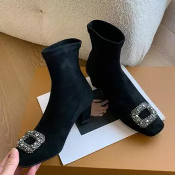Замшевые женские ботильоны на толстом каблуке с кристаллами, модные туфли на среднем каблуке, зима 2024, новый тренд, элегантные туфли-лодочки для женщин, короткие зимние туфли Botas Mujer 35 чёрный
