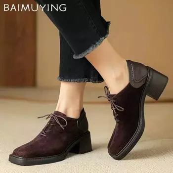 Замшевые женские ботильоны с квадратным носком и высоким каблуком. Элегантные туфли на шнуровке. Массивные зимние туфли. Новые трендовые брендовые туфли-лодочки. Botas Mujer. 35