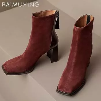 Замшевые женские ботильоны с квадратным носком, массивные модные туфли на высоком каблуке, 2025 год, дизайнерские туфли-лодочки, новые зимние гладиаторские туфли Botas De Mujer 35 чёрный