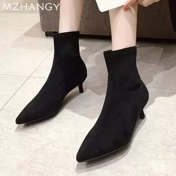 Замшевые женские ботильоны с острым носком на высоком каблуке, сексуальная обувь для женщин, тренд 2024 года, ботинки челси для вечеринок, новые зимние туфли-лодочки Mujer Botas 34