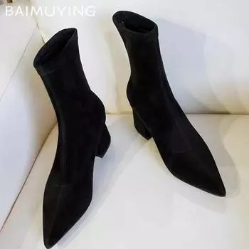 Замшевые женские ботильоны с острым носком на высоком каблуке, модные женские ботинки 2025 года, трендовые зимние дизайнерские прогулочные элегантные сексуальные женские ботинки 35