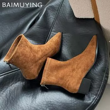 Замшевые женские ботильоны с толстым острым носком, леопардовые туфли, женские, трендовые брендовые ботинки челси 2025 года, туфли-лодочки, повседневные зимние ботинки Mujer 35 кофейный