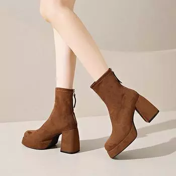 Замшевые женские ботинки на очень высоком каблуке, туфли-челси до щиколотки, новые зимние туфли на толстом каблуке, элегантные туфли-лодочки для вечеринки, короткие готические туфли-ботинки для женщин 34 верблюд