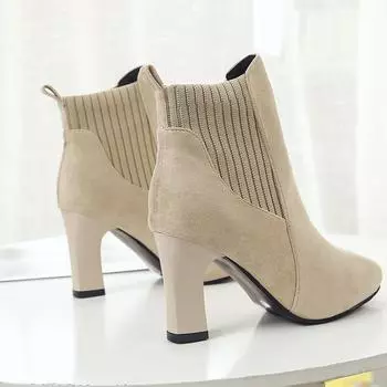 Замшевые женские ботинки, трикотажные эластичные полусапожки из флока, модные зимние ботинки с острым носком, женские ботильоны без шнуровки на высоком каблуке